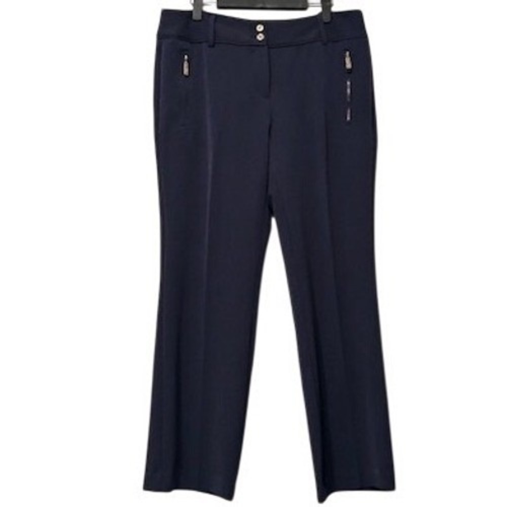 Anne Klein Womens Navy Blue Straight Leg Dress Pants Gold Zip Pockets 10P Petite